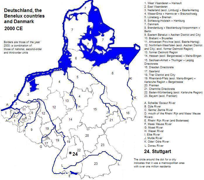 map of Deutschland, the Benelux countries and Danmark (part), 2000 CE