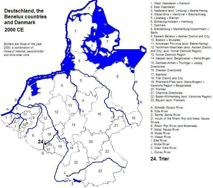 map of Deutschland, the Benelux countries and Danmark (part), 2000 CE