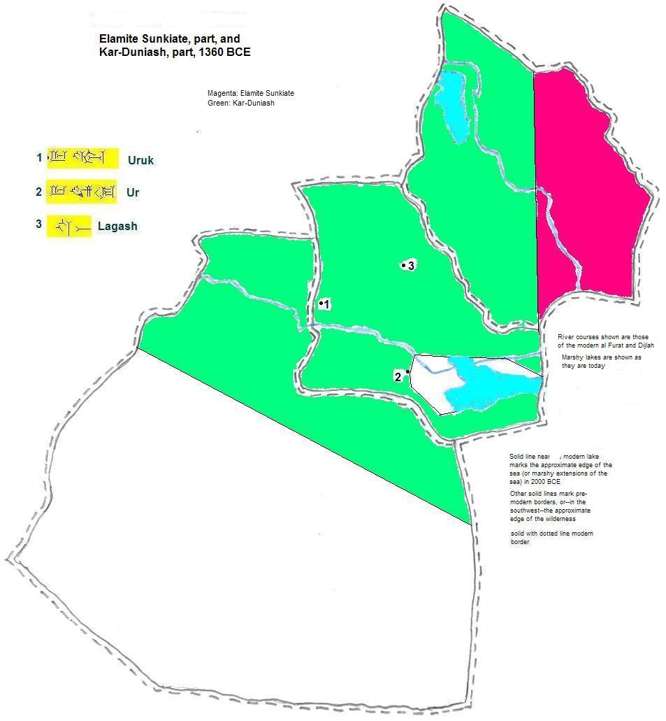 map showing parts of Elamite Sunkiate and Kar-Duniash, 1360 BCE