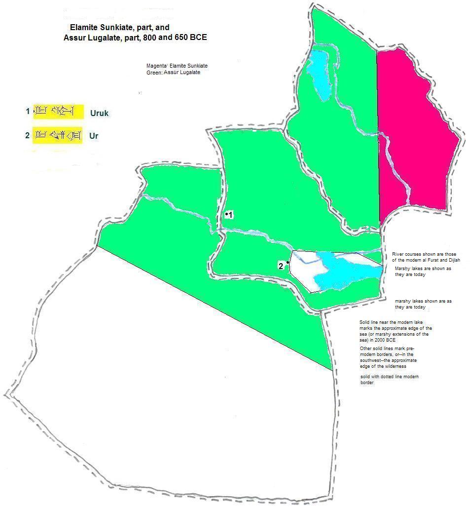 map showing parts of Elamite Sunkate and Assur Lugalate, 800 and 650 BCE