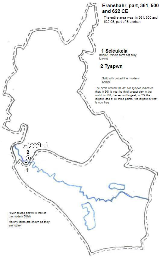 map showing part of the Eranshahr, 361, 500 and 622 CE