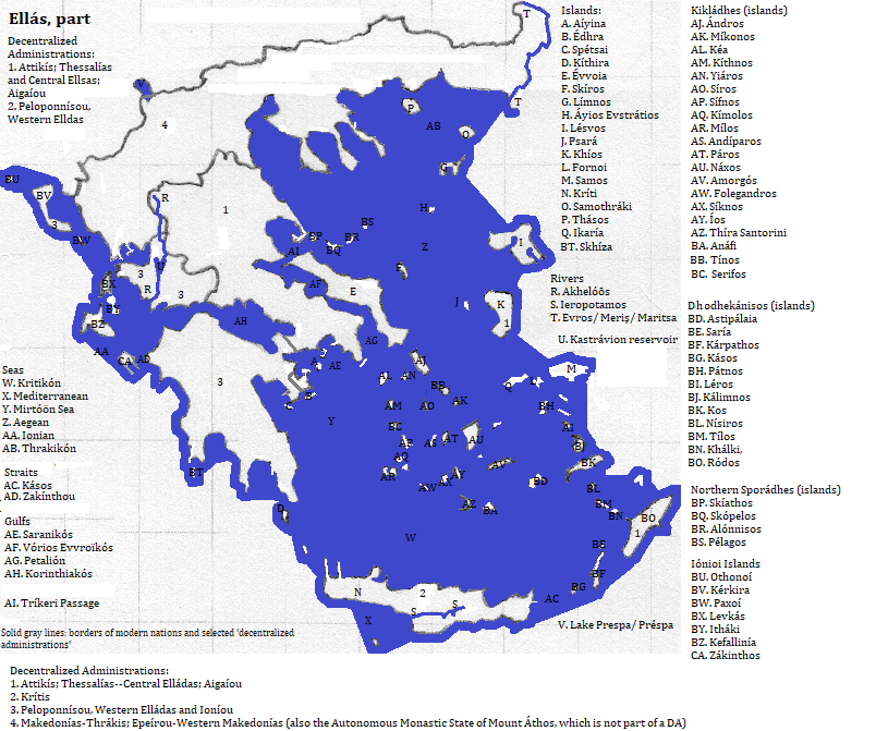 map of Ellás: showing three rivers, one lake, one reservoir and many islands