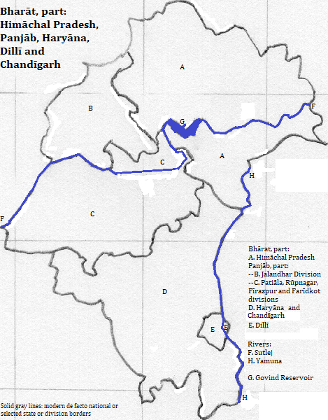 map of Panjāb, Himāchal Pradesh, Hariyāna, Chanḍīgarh and Dillī: showing two rivers and one reservoir