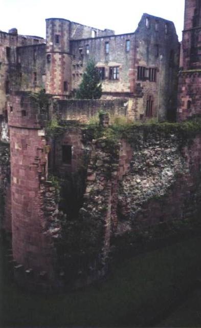 Heidelberg Castle: ruined tower in foreground, roofless walls behind