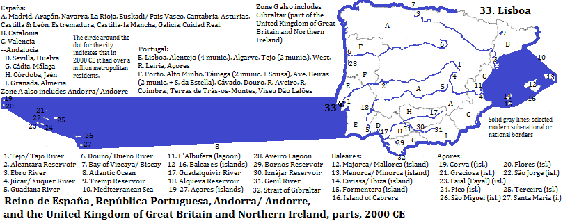 map showing parts of the Reino de España, Andorra/ Andorre, parts of the República Portuguesa and Gibraltar, 2000 CE