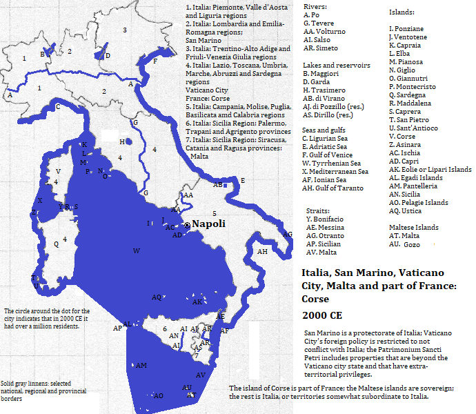 map of Italia (and somewhat subordinate territories), and the nation of Malta, 2000 CE, showing Napoli