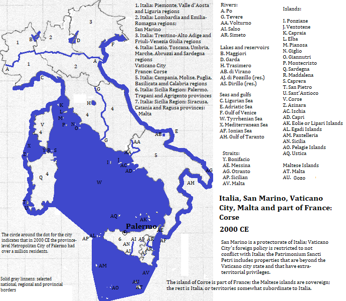 map of Italia (and somewhat subordinate territories), and the nation of Malta, 2000 CE, showing Palermo