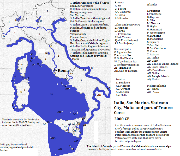 map of Italia (and somewhat subordinate territories), and the nation of Malta, 2000 CE, showing Roma