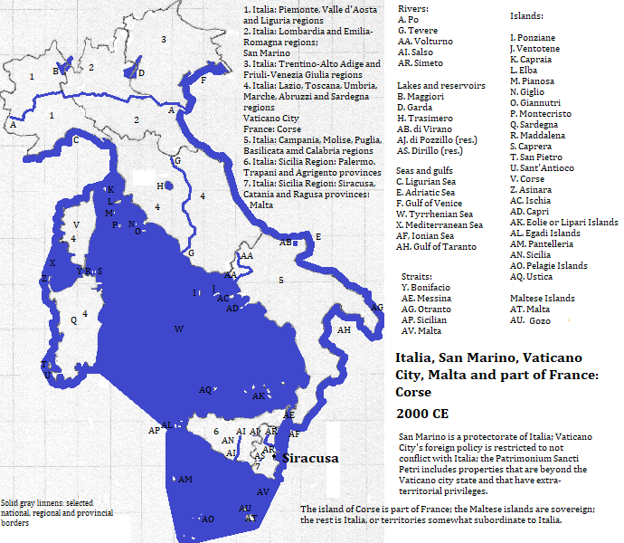 map of Italia (and somewhat subordinate territories), and the nation of Malta, 2000 CE, showing Siracusa