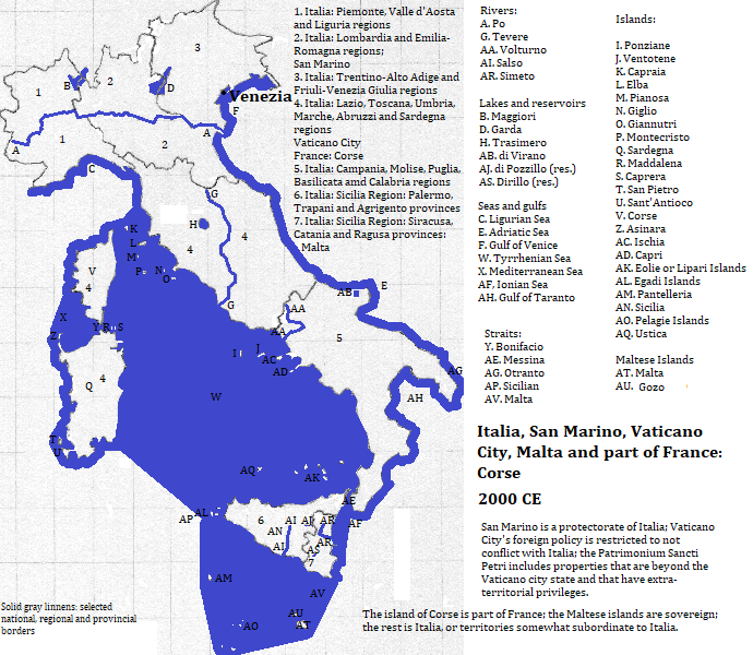 map of Italia (and somewhat subordinate territories), and the nation of Malta, 2000 CE, showing Venezia