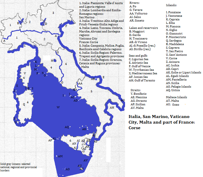 map of the Italian peninsula and islands, plus the Maltese Islands and the island of Corse: showing selected regional borders within the peninsula and selected provincial borders within Sicilia, and some rivers, lakes and reservoirs