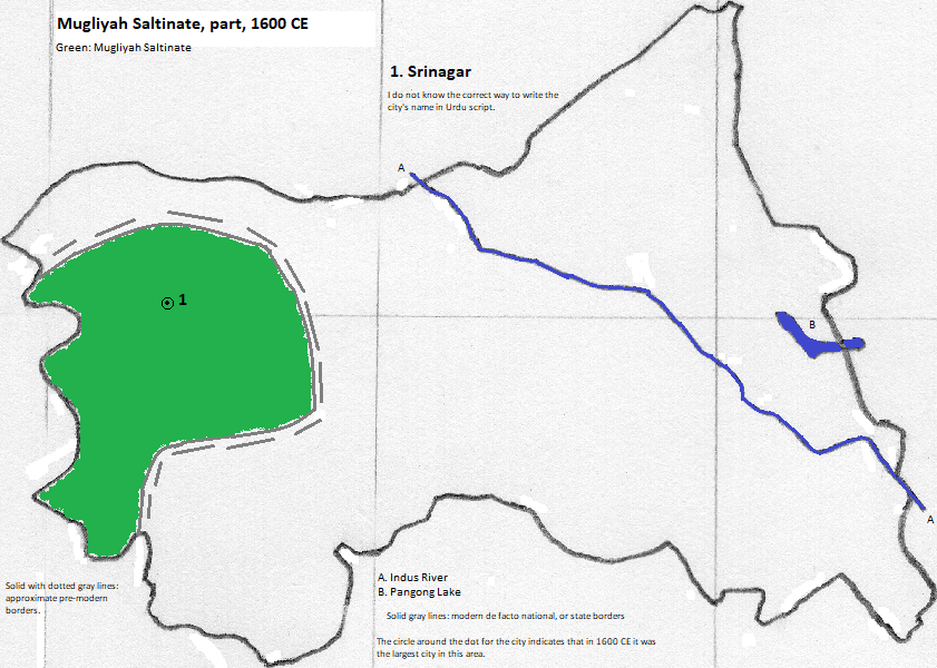 map of Jammu and Kashmir, 1600 CE, with Srīnagar marked