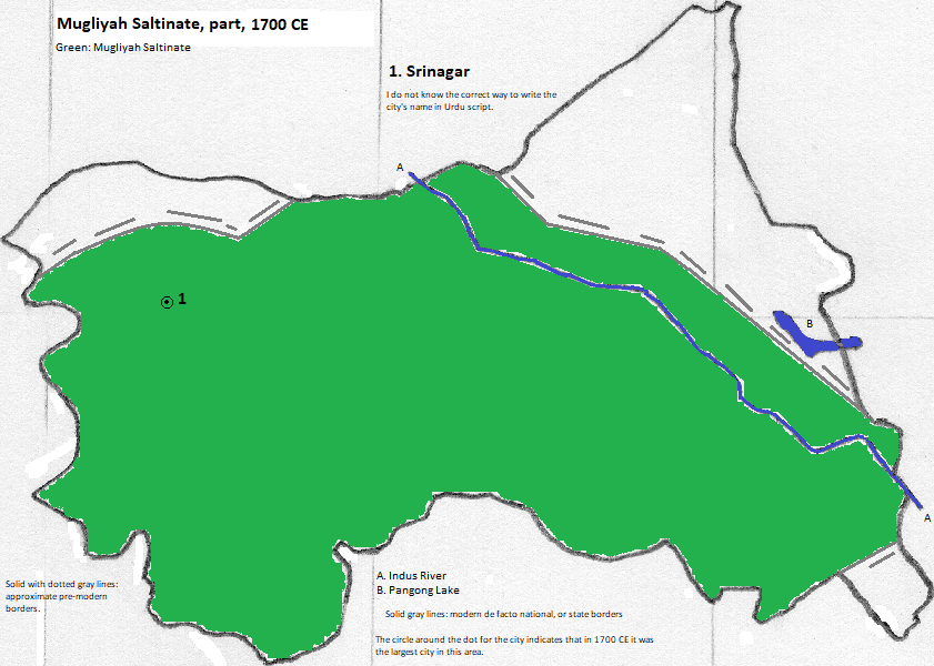 map of Jammu and Kashmir, 1700 CE, with Srīnagar marked