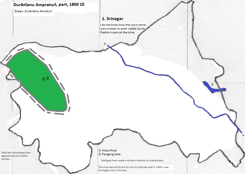 map of Jammu and Kashmir, 1800 CE, with Srīnagar marked