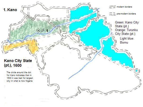 map showing parts of Kano and Turunku City States, 1600