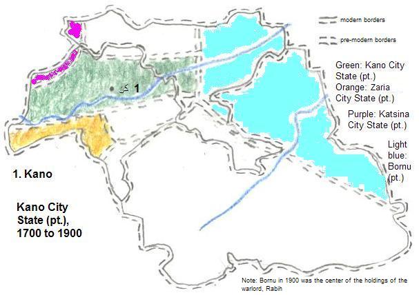 map showing parts of Kano, Zaria and Katsina City States and part of Bornu, 1700 to 1900