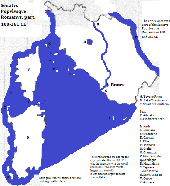 map of the Italian regions of Lazio, Toscana, Umbria, Marrche, Abruzzi and Sardegna, the French island of Corse, and the Vaticano City, 100 and 361 CE