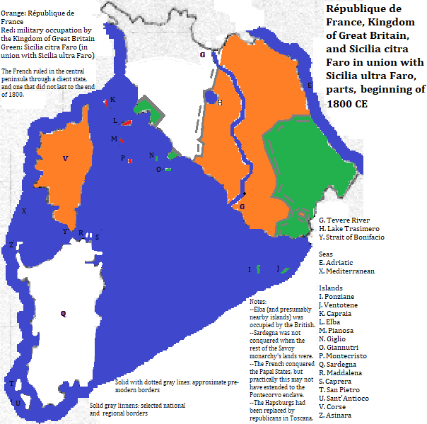 map of the Italian regions of Lazio, Toscana, Umbria, Marrche, Abruzzi and Sardegna, the French island of Corse, and the Vaticano City, at the beginning of 1800 CE