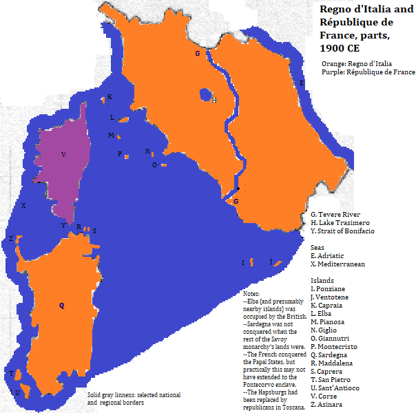 map of the Italian regions of Lazio, Toscana, Umbria, Marrche, Abruzzi and Sardegna, the French island of Corse, and the Vaticano City, 1900 CE