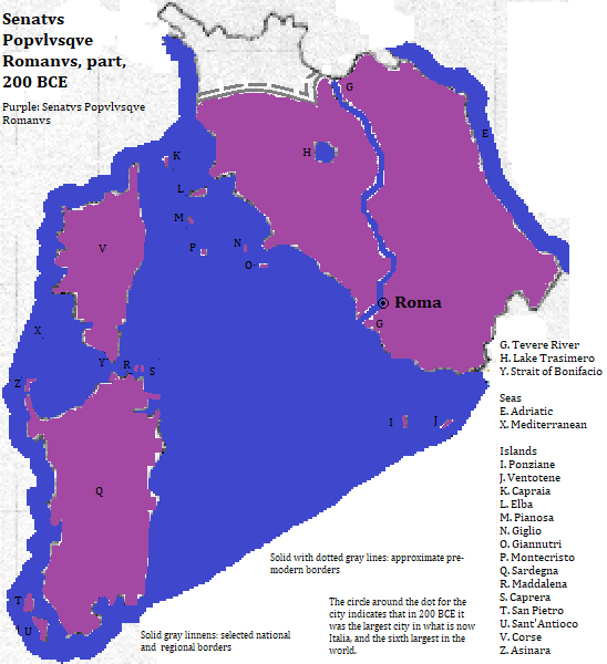 map of the Italian regions of Lazio, Toscana, Umbria, Marrche, Abruzzi and Sardegna, the French island of Corse, and the Vaticano City, 200 BCE