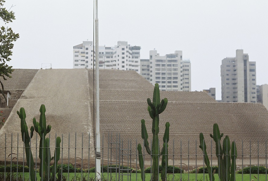 foreground: succulents; midground: step pyrammid; background: modern urban skyscrapers