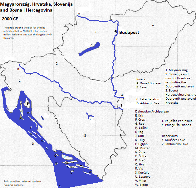 map of Magyarország (Hungary), Hrvatska (Croatia), Slovenija (Slovenia), and Bosna and Hercegovina (Bosnia and Herzegovina) with Budapest marked, 2000 CE