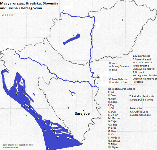 map of Magyarország (Hungary), Hrvatska (Croatia), Slovenija (Slovenia), and Bosna and Hercegovina (Bosnia and Herzegovina) with Sarajevo marked, 2000 CE