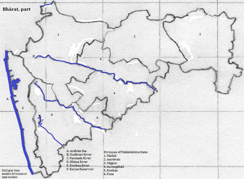 map of Mahārāshtra in Bhārat or India: showing state borders and selected rivers