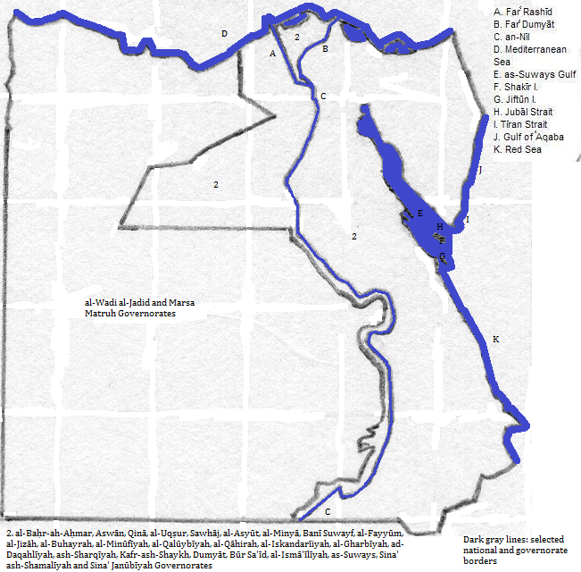 map of Miṣr (Egypt): showing the national borders and selected governorate borders, and a river