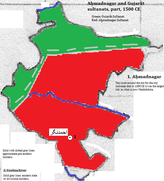 map showing parts of the the Gujarāt and Aḥmadnagar sultanats (Gujarat and Ahmadnagar Sultanates), 1500 CE