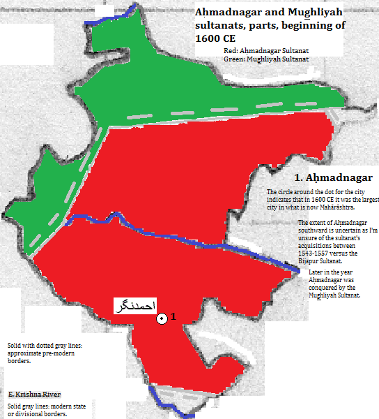 map showing parts of the the Aḥmadnagar and Mughliyah sultanats (Ahmadnagar Sultanate and Mughal Empire), 1600 CE