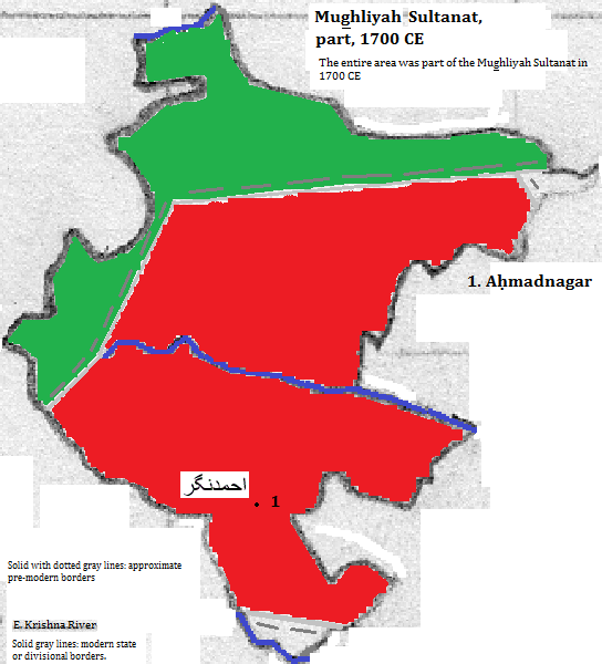 map showing part of the Mughliyah Sultanat (Mughal Empire), 1700 CE