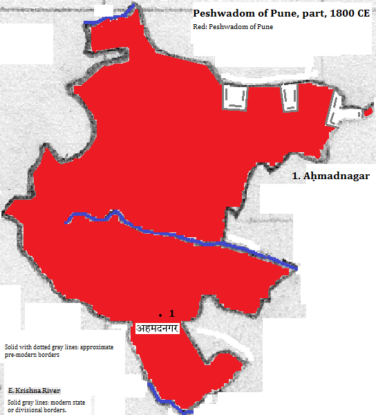 map showing part of the Peshwadom of Pune (Peshwa), 1800 CE