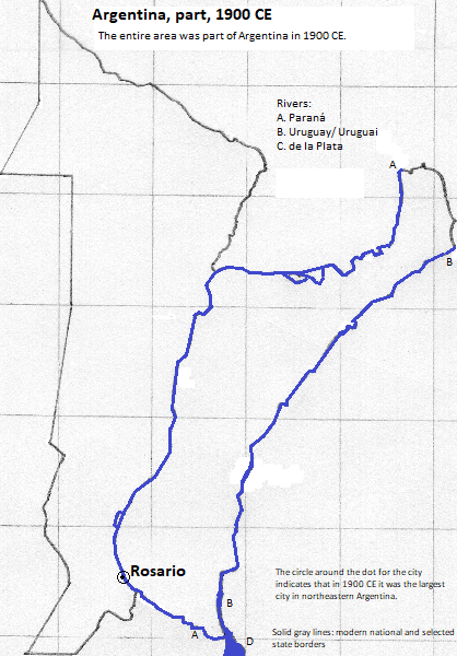 map of Misiones, Entre Rios, Corrientes, Santa Fe, Chaco, and Formosa provinces, 1900 CE, with Rosario marked