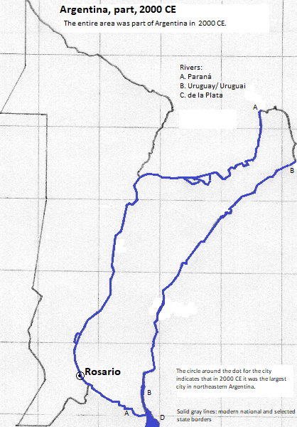 map of Misiones, Entre Rios, Corrientes, Santa Fe, Chaco, and Formosa provinces, 2000 CE, with Rosario marked
