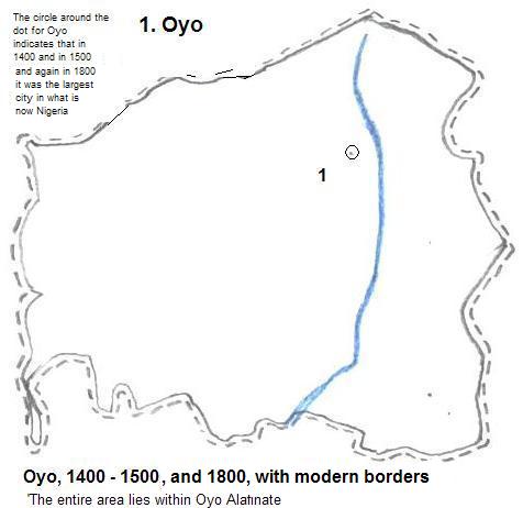 map showing Oyo city, northwestern Oyo State, 1400 to 1500, and 1800