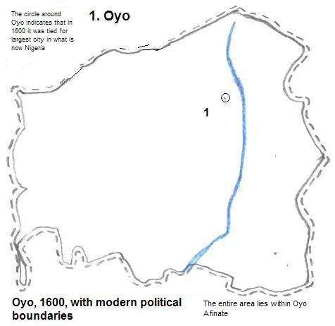 map showing Oyo city, northwestern Oyo State, 1600