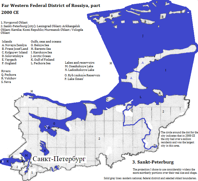 map showing northwestern Rossiya, 2000 CE, with Sankt-Peterburg marked