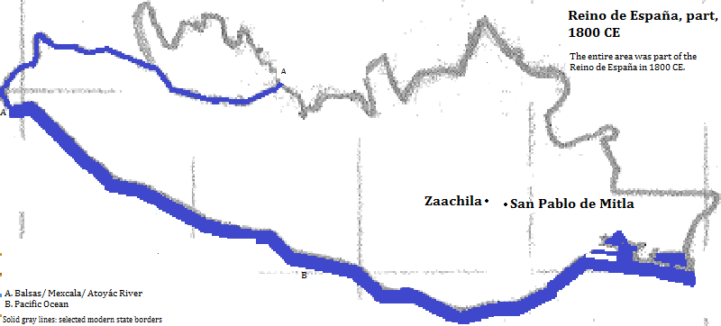 map showing Oaxaca and Guerrero states, México, 1800 CE