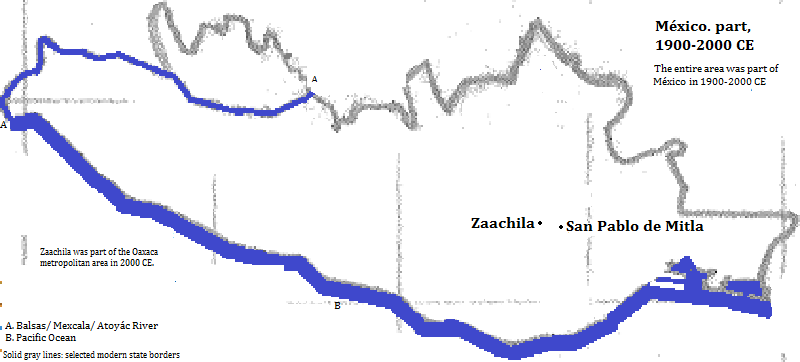 map showing Oaxaca and Guerrero states, México, 1900-2000 CE