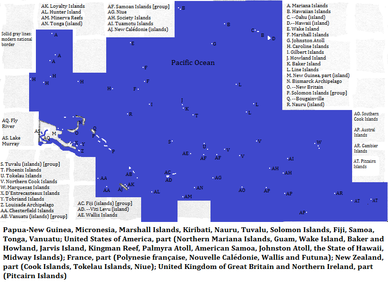 map of Oceania, excluding Australia and New Zealand, showing selected islands and, on New Guinea, selected hydrographic features