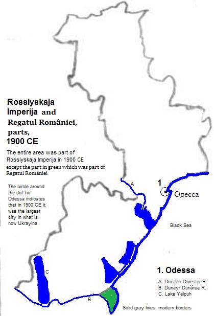 map showing part of Rossiyskaja Imperija (Russian Empire) and Regatul României (Kingdom of Romania), 1900 CE