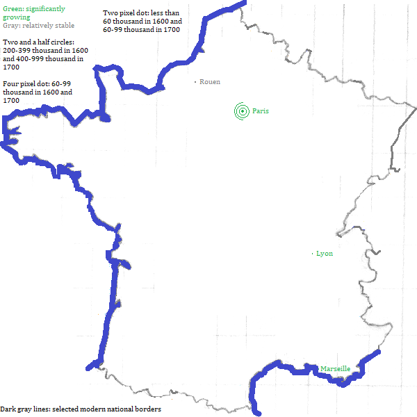 map showing France cities 1600-1700