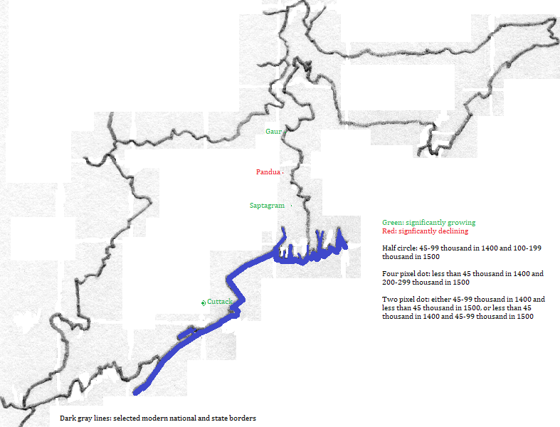 map showing Odisha and West Bengal cities, 1400-1500