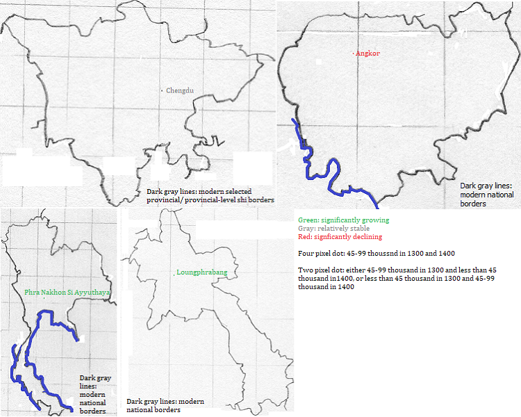 maps showing Sichuan, Kamâpŭchéa, Thailand and Lao cities, 1300-1400