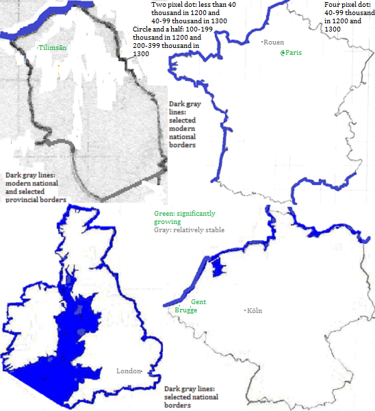 maps showing Tilimsān Province, France, Great Britain and België cities 1200-1300