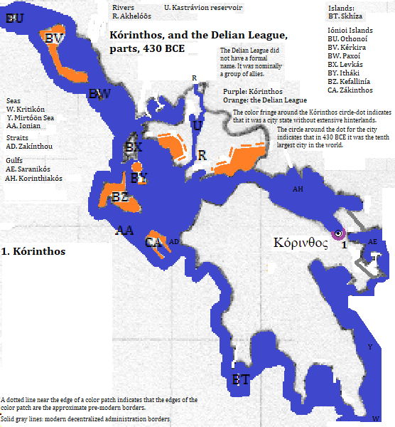 map of Peloponnísou, Western Elládas and the Ioníou, 430 BCE