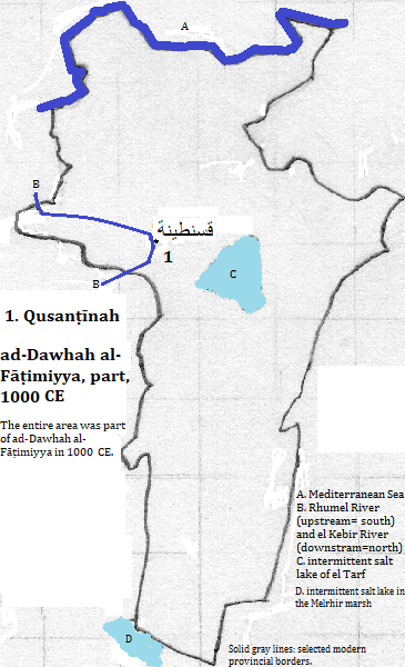 map of Qusanṭīnah (Constantine), Skikda, Oum el-Bouaghi and Khenchela provinces of al-Jazā'īr (Algérie or Algeria), 1000 CE