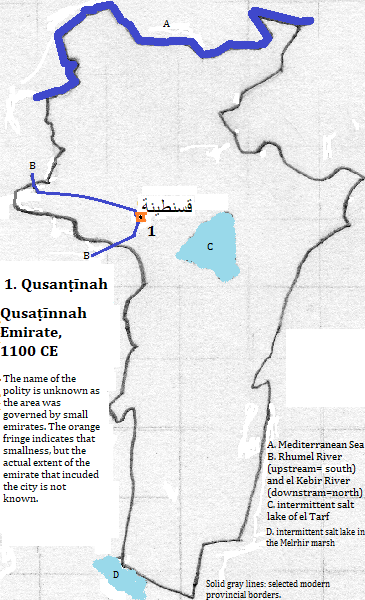 map of Qusanṭīnah (Constantine), Skikda, Oum el-Bouaghi and Khenchela provinces of al-Jazā'īr (Algérie or Algeria), 1100 CE