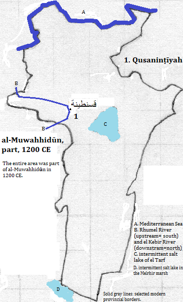 map of Qusanṭīnah (Constantine), Skikda, Oum el-Bouaghi and Khenchela provinces of al-Jazā'īr (Algérie or Algeria), 1200 CE